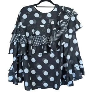 Est. 1946 Polka Dot Blouse Sz 14/16 Black Long Sheer Flouncy Sleeve Ruffled NEW